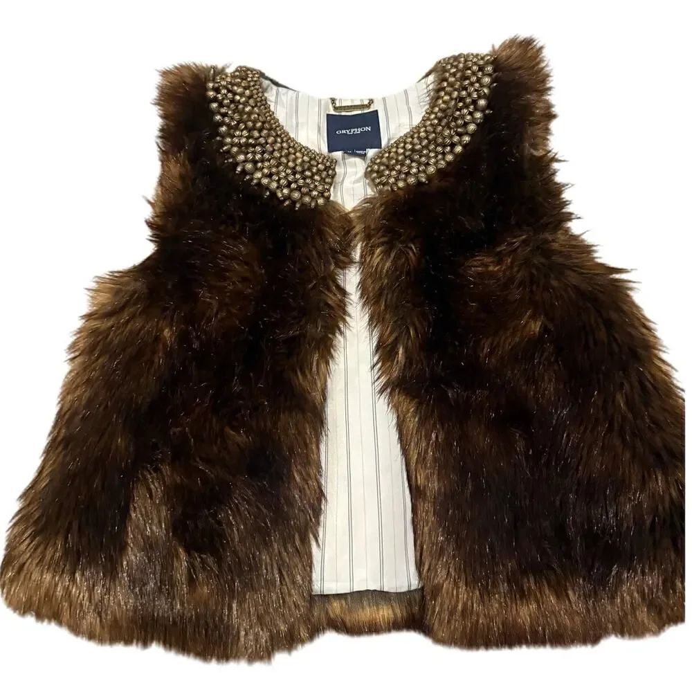 Gryphon New York Faux Fur Rocker Vest Beaded Neckline Sz. M